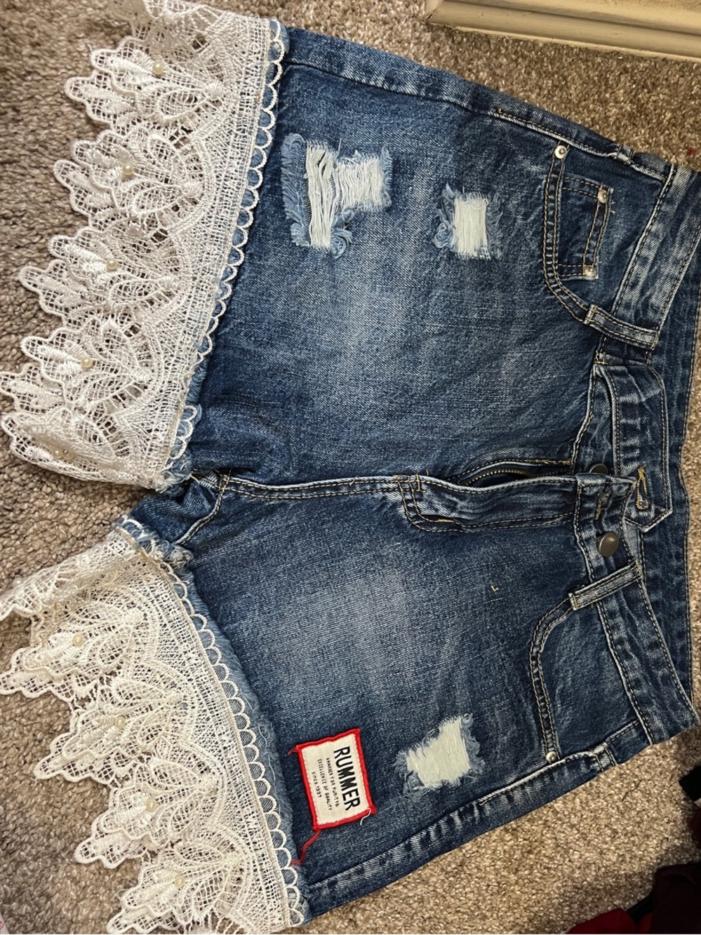 Denim Lace-Trim Distressed Women's Shorts - Blue